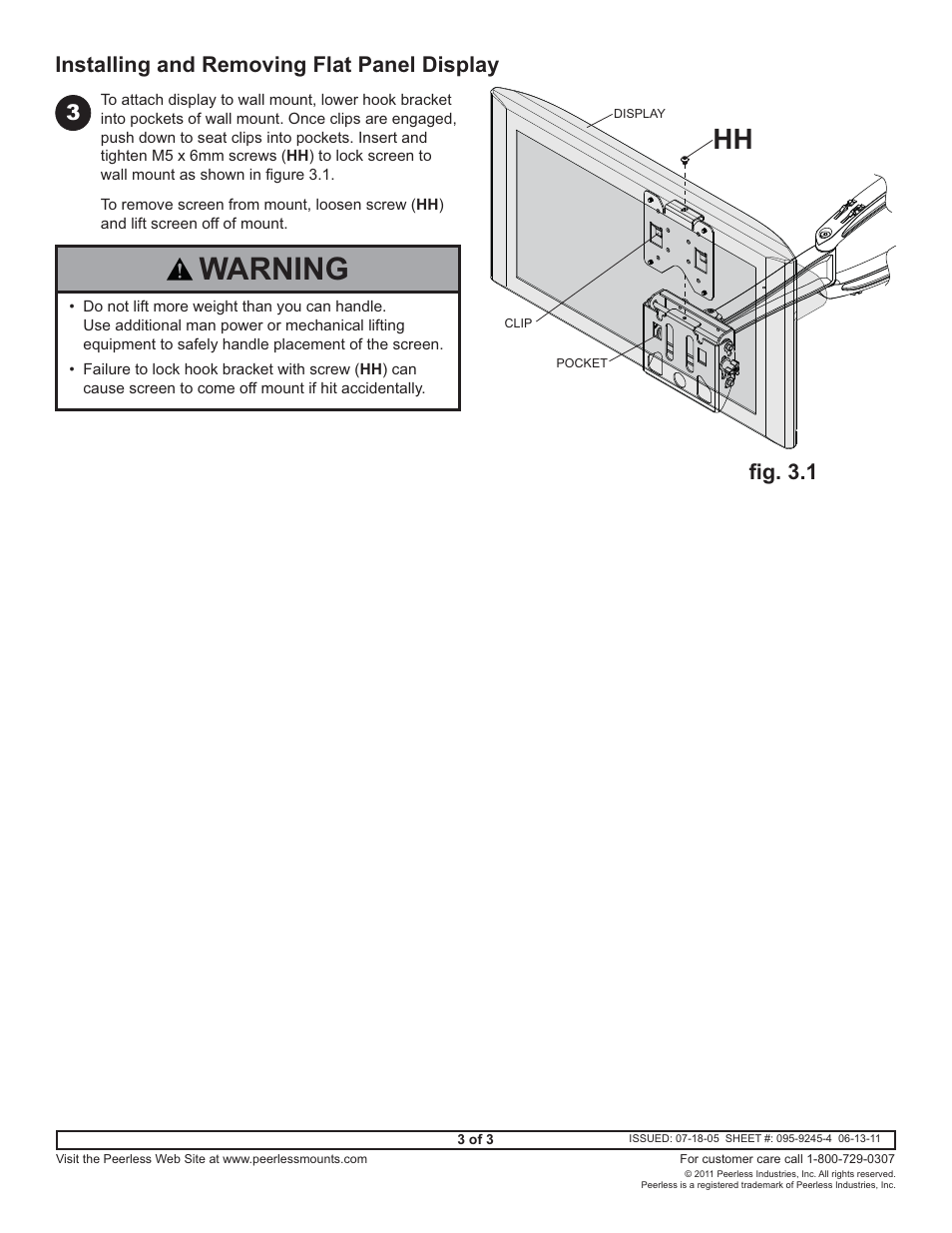 Warning, Installing and removing flat panel display 3, Fi g. 3.1 | Peerless-AV ACC919 - Installation User Manual | Page 3 / 3