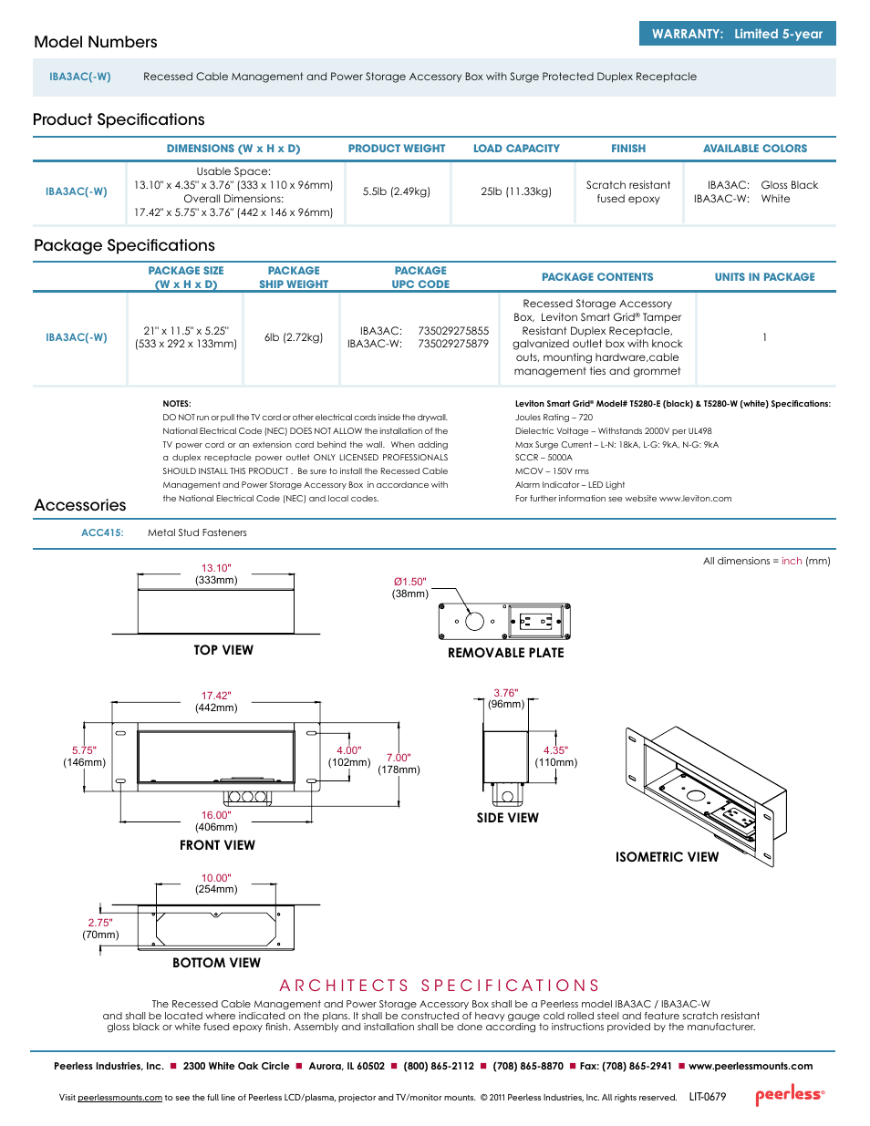 Package specifications, Product specifications model numbers, Accessories | Peerless-AV IBA3AC-W  - Sell Sheet User Manual | Page 2 / 2