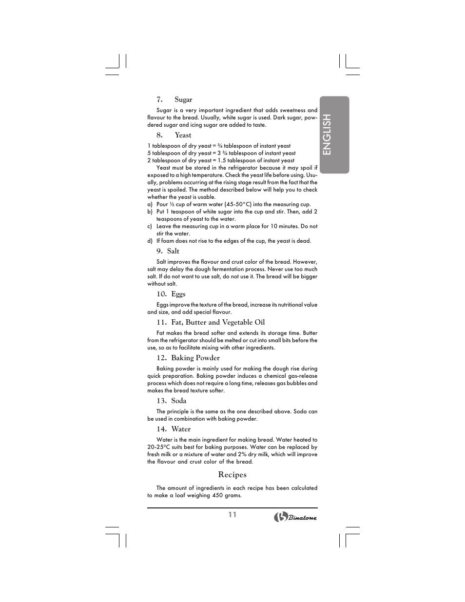 English, Recipes | Binatone BM-1008 User Manual | Page 11 / 50