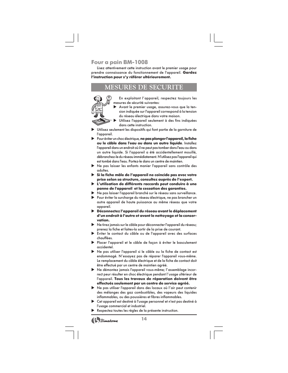 Mesures de securite, Four a pain bm 1008 | Binatone BM-1008 User Manual | Page 14 / 50
