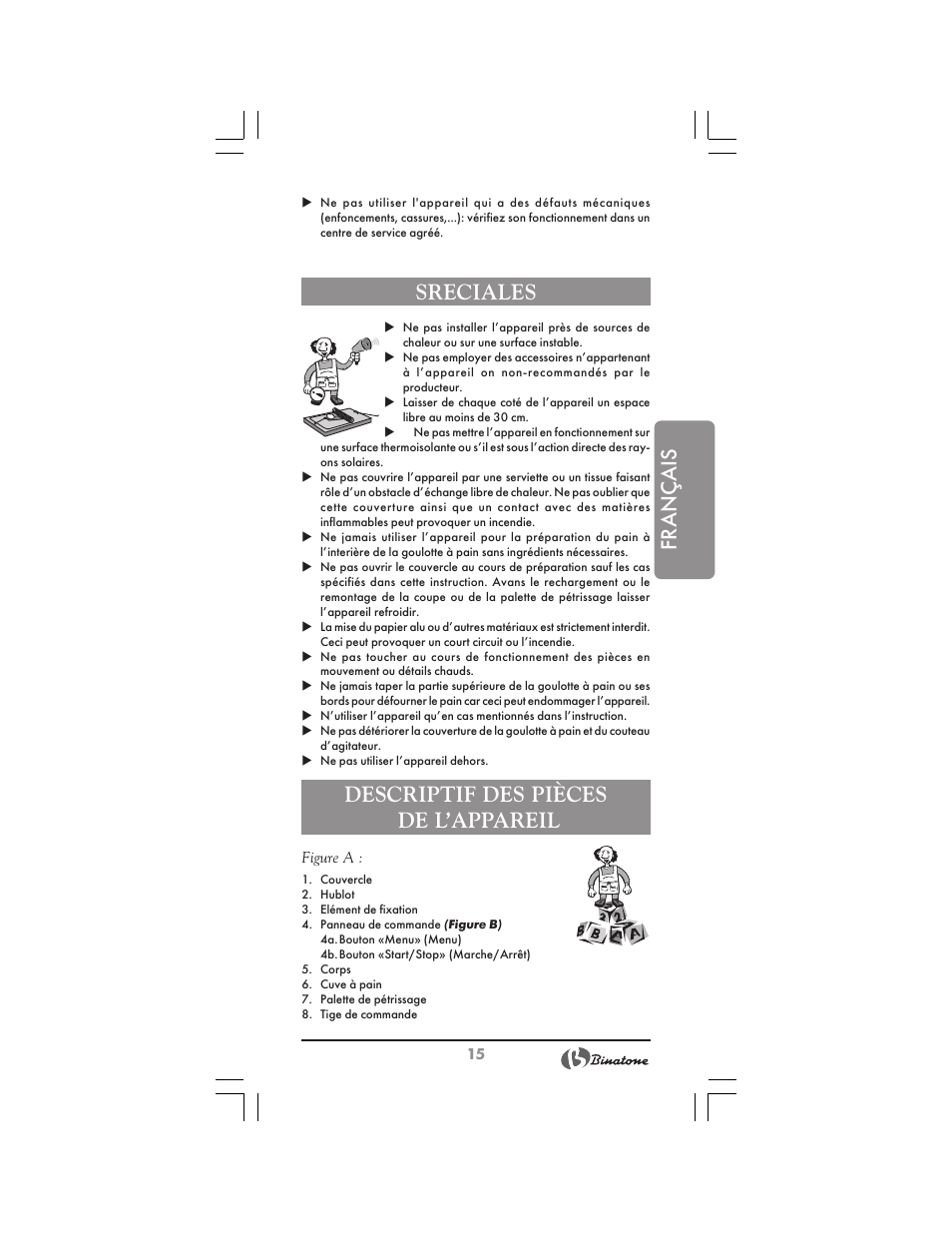 Français, Mesures de securite sreciales, Descriptif des pièces de l’appareil | Binatone BM-1008 User Manual | Page 15 / 50