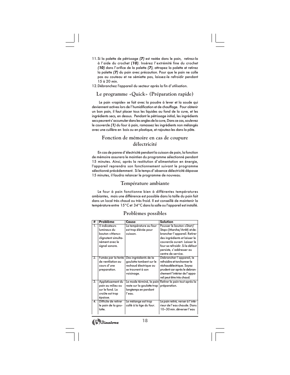 Le programme «quick» (préparation rapide), Fonction de mémoire en cas de coupure délectricité, Température ambiante | Problèmes possibles | Binatone BM-1008 User Manual | Page 18 / 50