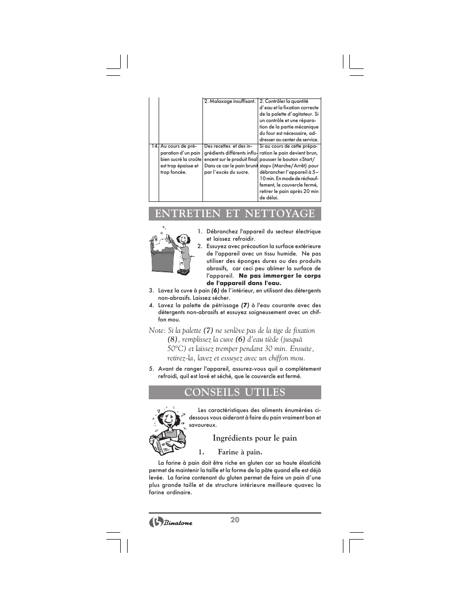Entretien et nettoyage, Conseils utiles, Ingrédients pour le pain | Binatone BM-1008 User Manual | Page 20 / 50