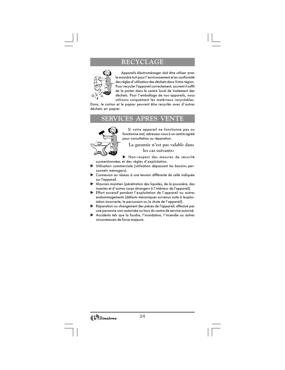 Recyclage, Services apres vente | Binatone BM-1008 User Manual | Page 24 / 50