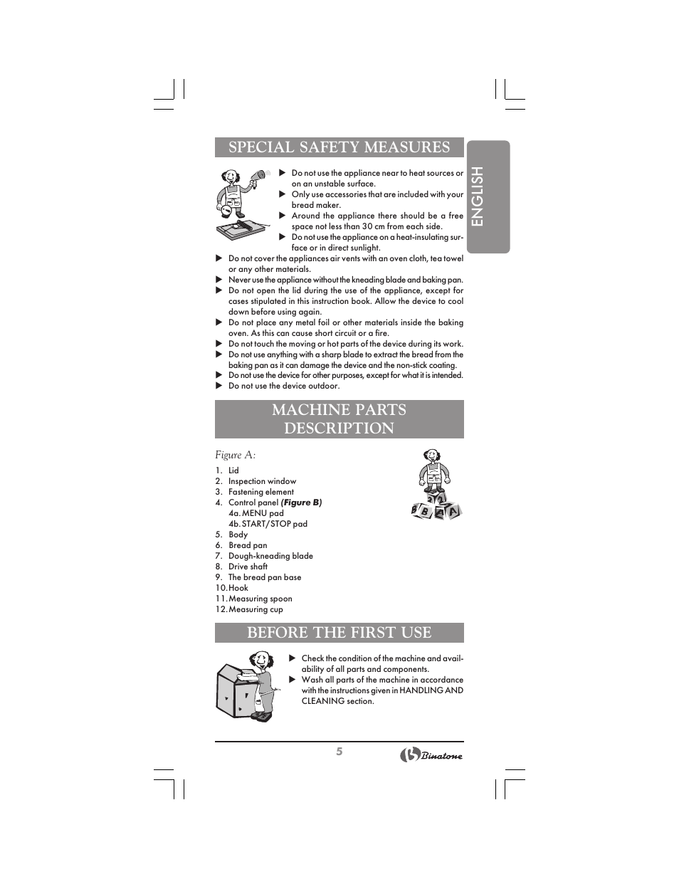 English special safety measures, Machine parts description, Before the first use | Binatone BM-1008 User Manual | Page 5 / 50