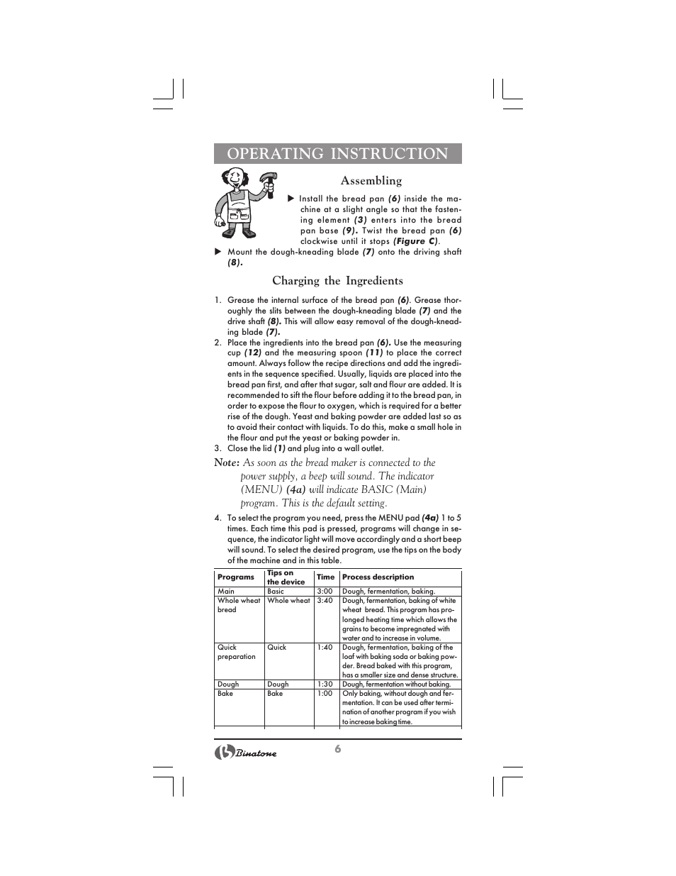 Operating instruction, Assembling, Charging the ingredients | Binatone BM-1008 User Manual | Page 6 / 50