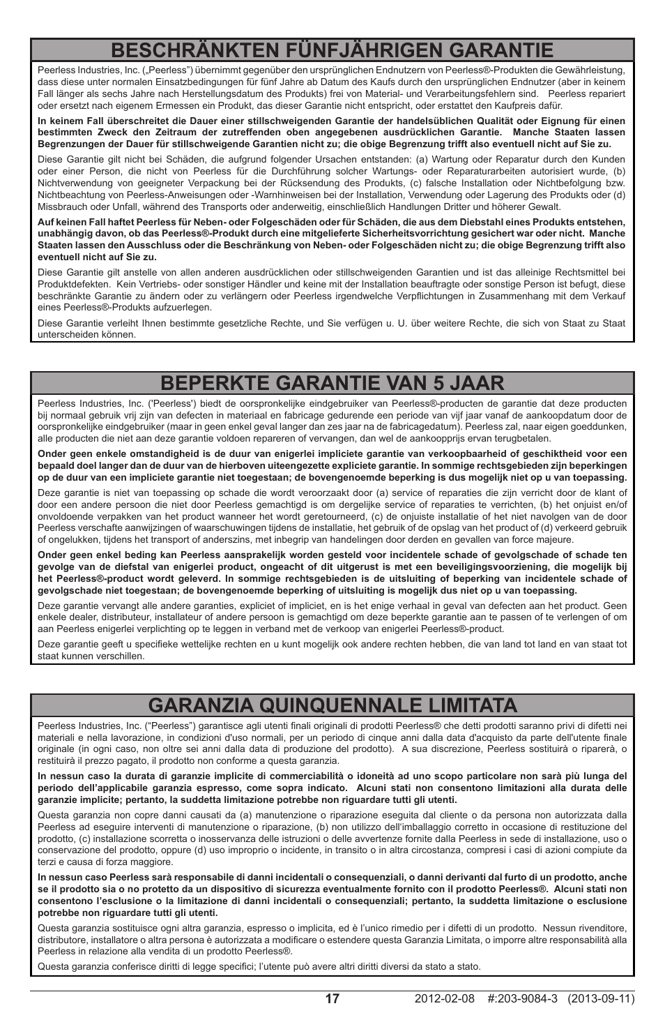 Beperkte garantie van 5 jaar, Garanzia quinquennale limitata, Beschränkten fünfjährigen garantie | Peerless-AV SF660P - Installation User Manual | Page 17 / 20