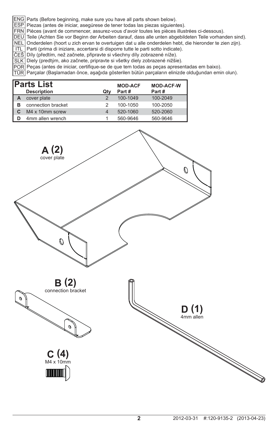 A (2) b (2) c (4) d (1), Parts list | Peerless-AV MOD-ACF-W - Installation User Manual | Page 2 / 8