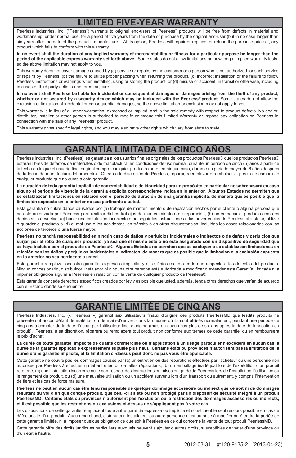 Garantía limitada de cinco años, Garantie limitée de cinq ans, Limited five-year warranty | Peerless-AV MOD-ACF-W - Installation User Manual | Page 5 / 8