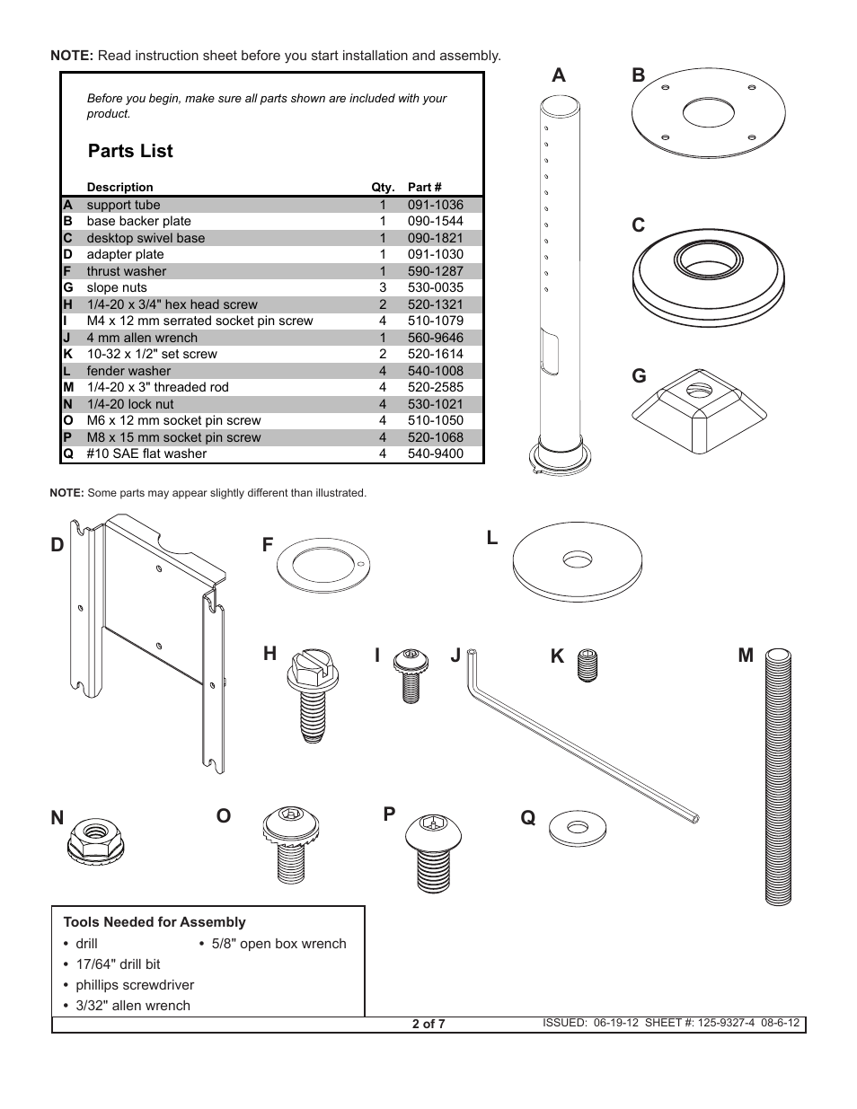 Ab c d f, Parts list | Peerless-AV HP447 - Installation User Manual | Page 2 / 7