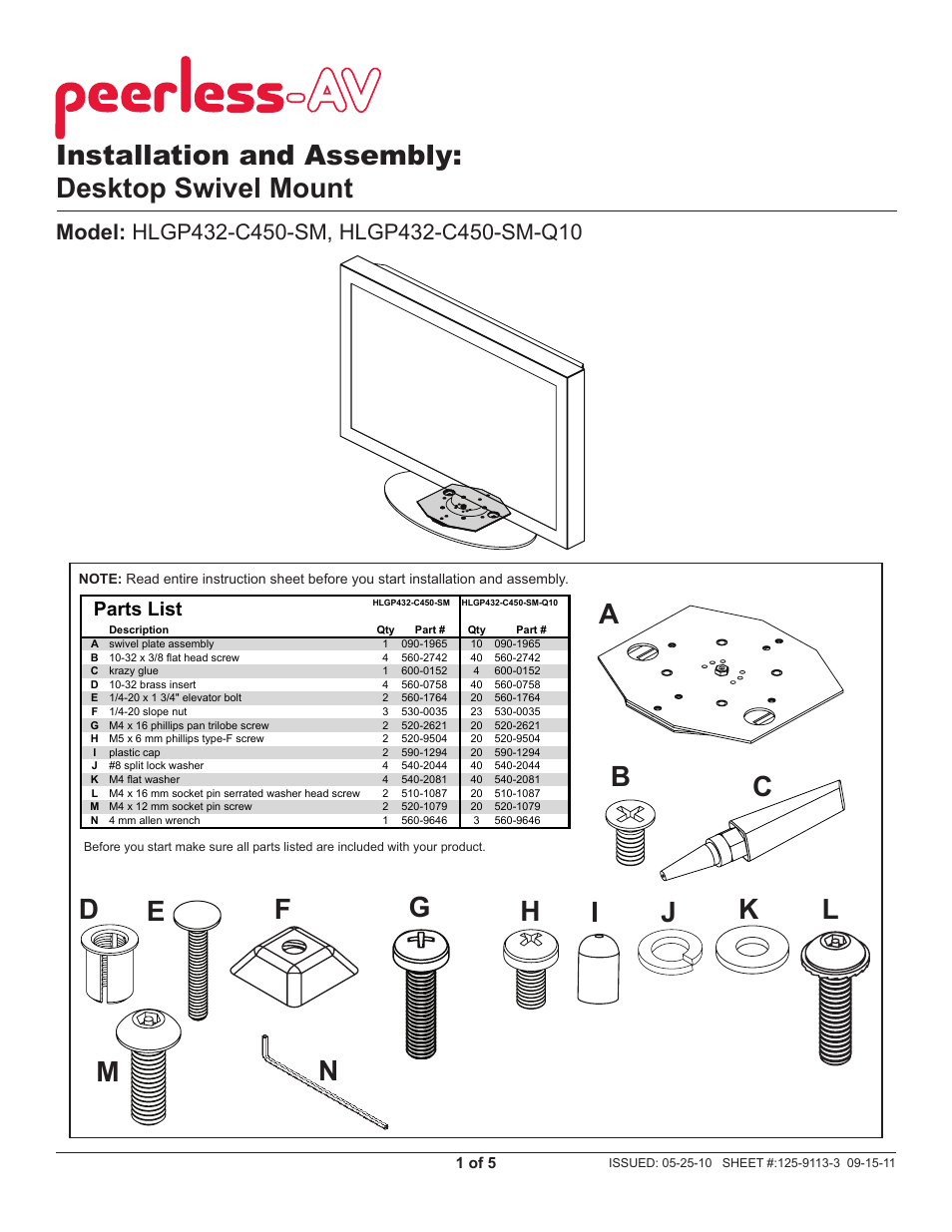 Peerless-AV HLGP432-C450-SM-Q10 - Installation User Manual | 5 pages