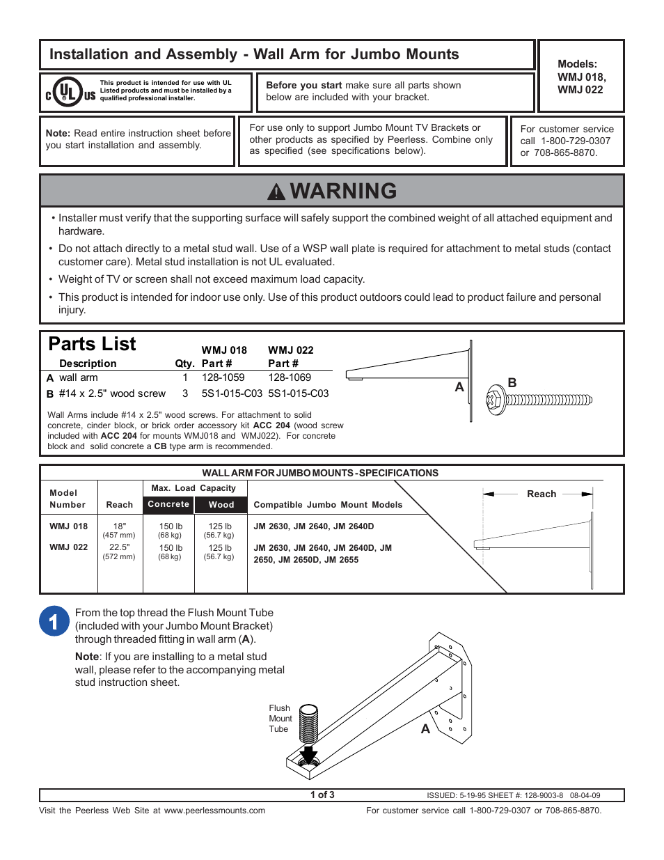 Peerless-AV WMJ022 - Installation User Manual | 3 pages