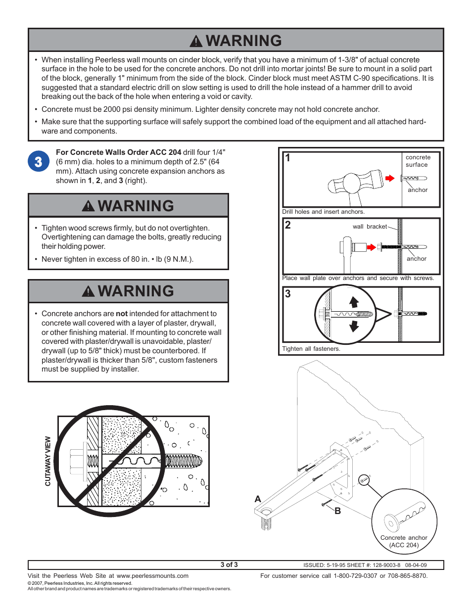 Warning | Peerless-AV WMJ022 - Installation User Manual | Page 3 / 3