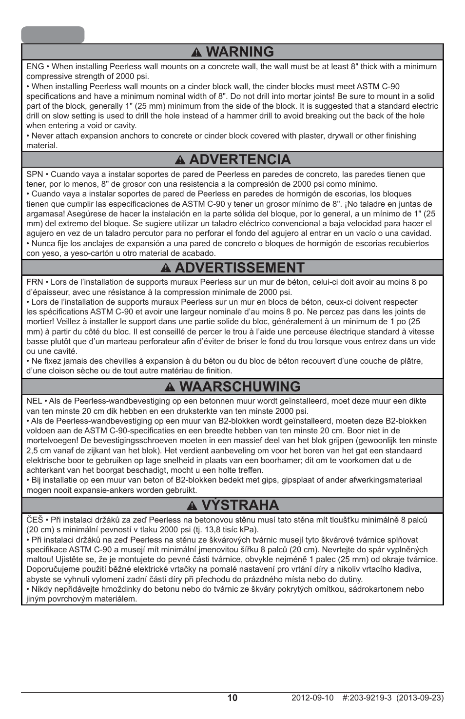Warning, Waarschuwing, Advertissement | Advertencia, Výstraha | Peerless-AV SFLT646 - Installation User Manual | Page 10 / 20