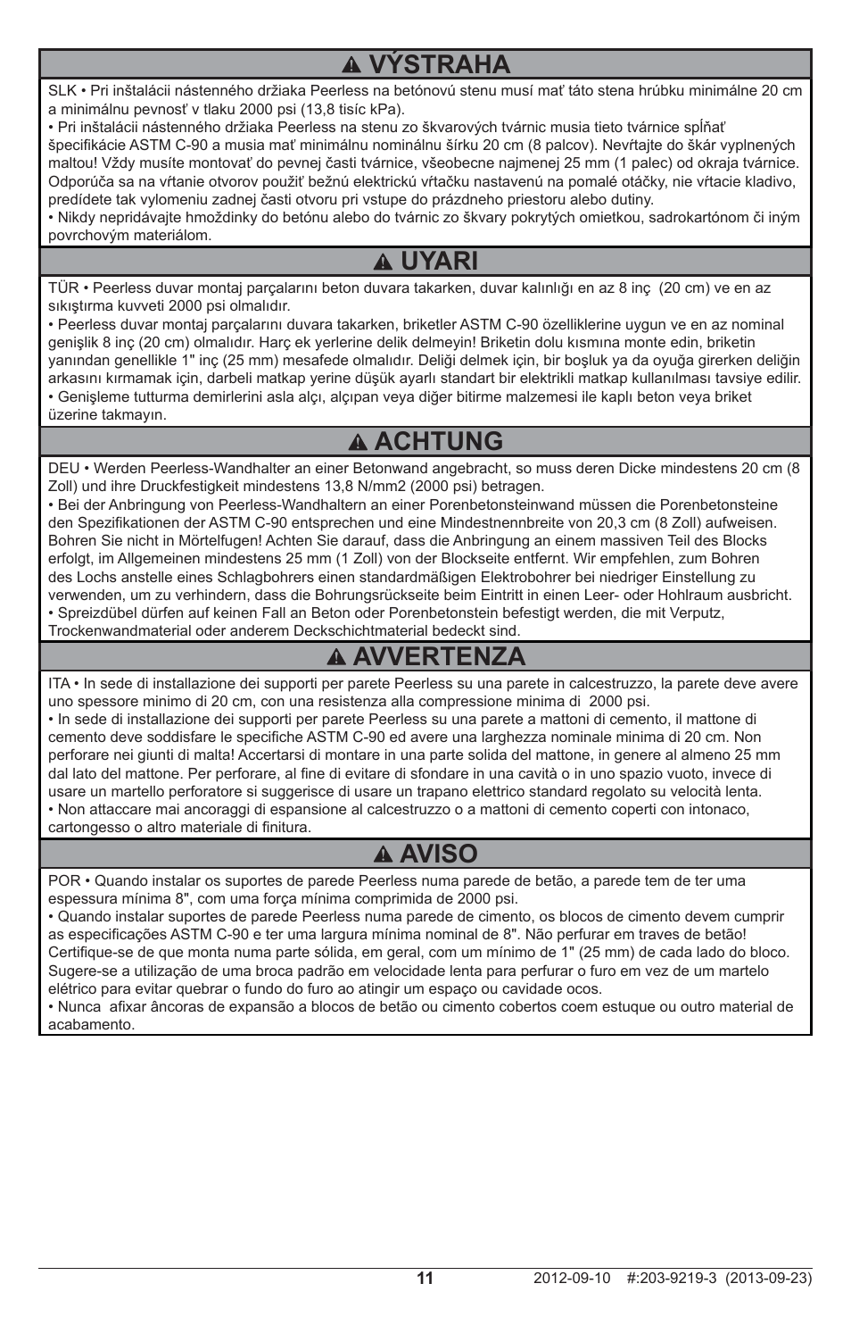 Uyari, Aviso, Výstraha | Avvertenza, Achtung | Peerless-AV SFLT646 - Installation User Manual | Page 11 / 20