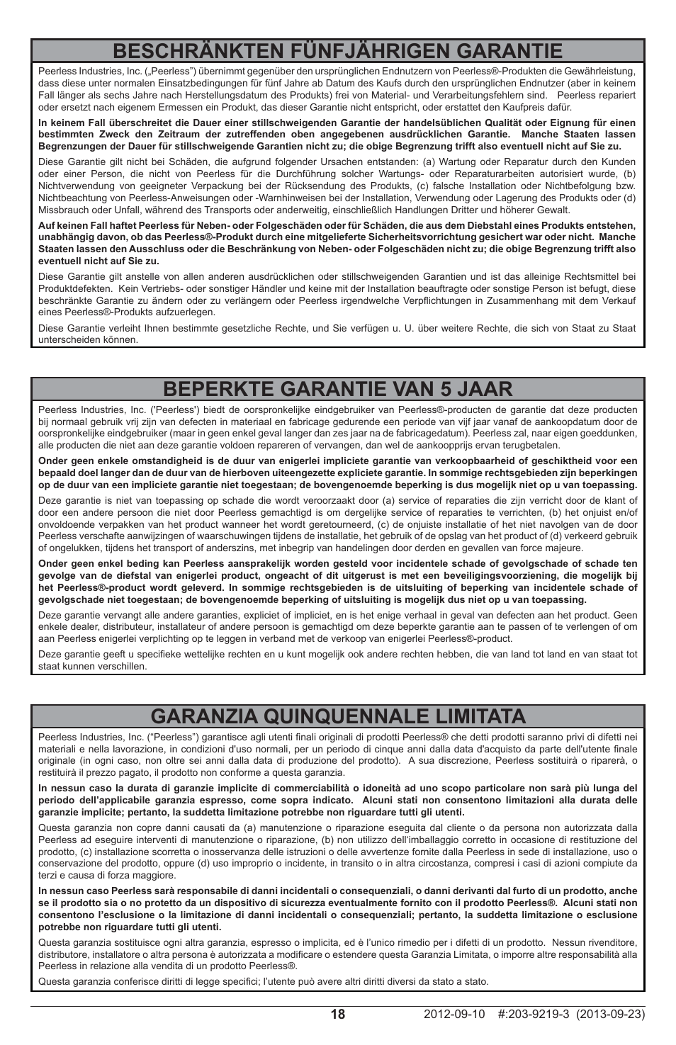 Beperkte garantie van 5 jaar, Garanzia quinquennale limitata, Beschränkten fünfjährigen garantie | Peerless-AV SFLT646 - Installation User Manual | Page 18 / 20