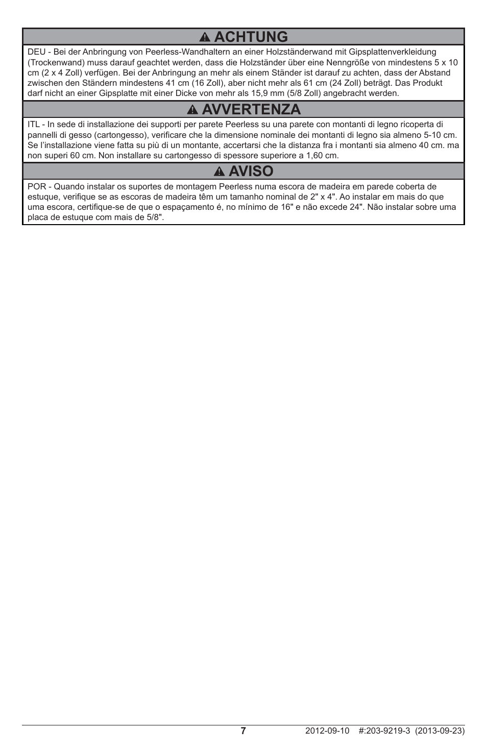 Achtung, Avvertenza, Aviso | Peerless-AV SFLT646 - Installation User Manual | Page 7 / 20