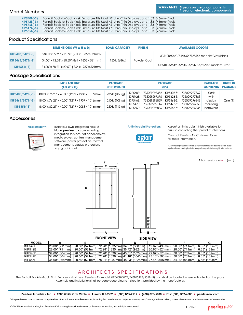 Product specifications model numbers, Package specifications accessories | Peerless-AV KIP555B-S  - Sell Sheet User Manual | Page 2 / 2