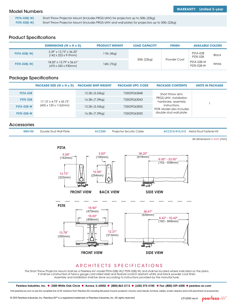 Peerless-AV PSTK-028-W  - Sell Sheet User Manual | Page 2 / 2