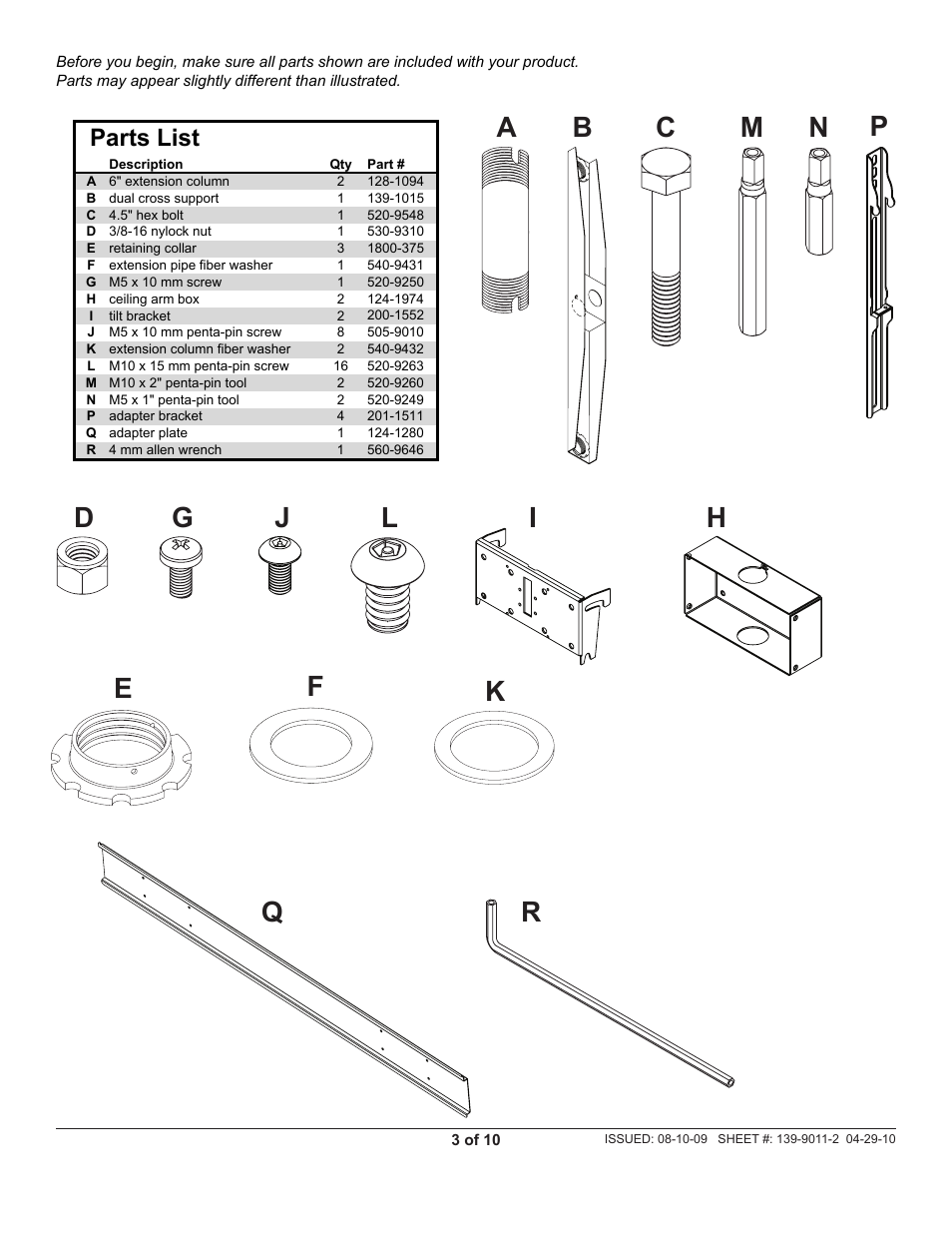 Parts list | Peerless-AV DST940 - Installation User Manual | Page 3 / 10