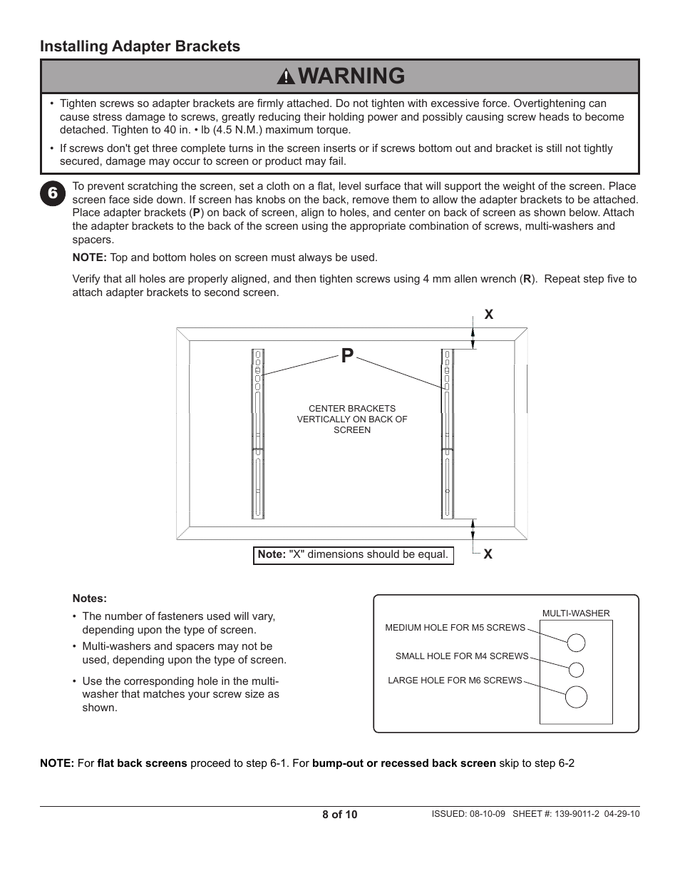 Warning, Installing adapter brackets | Peerless-AV DST940 - Installation User Manual | Page 8 / 10