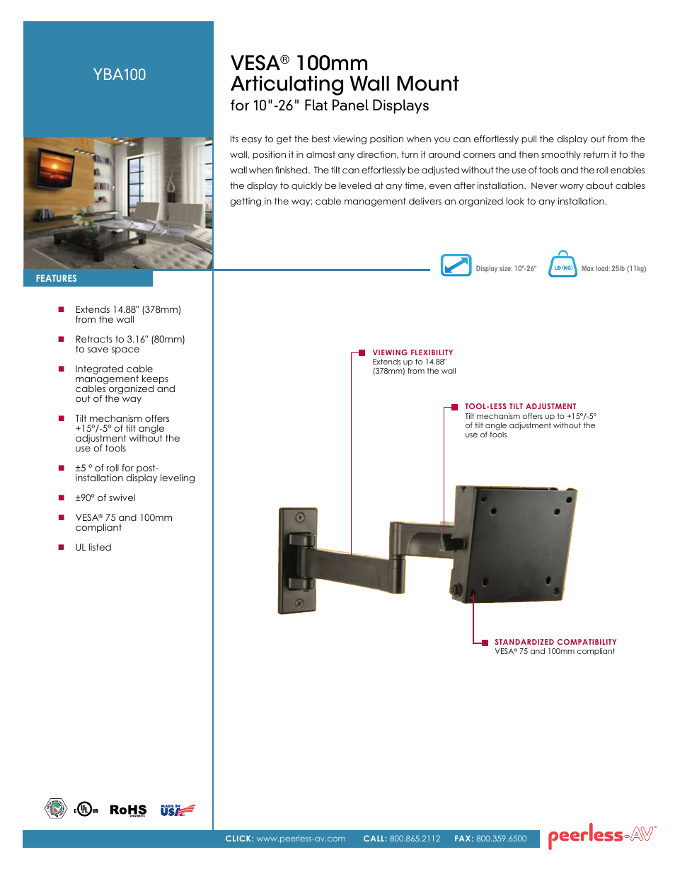 Peerless-AV YBA100  - Sell Sheet User Manual | 2 pages