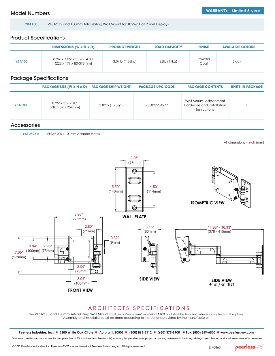 Package specifications, Product specifications model numbers, Accessories | Peerless-AV YBA100  - Sell Sheet User Manual | Page 2 / 2