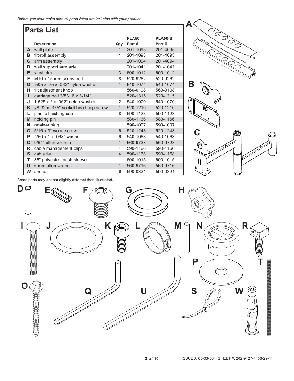 Parts list | Peerless-AV PLA50 - Installation User Manual | Page 3 / 10