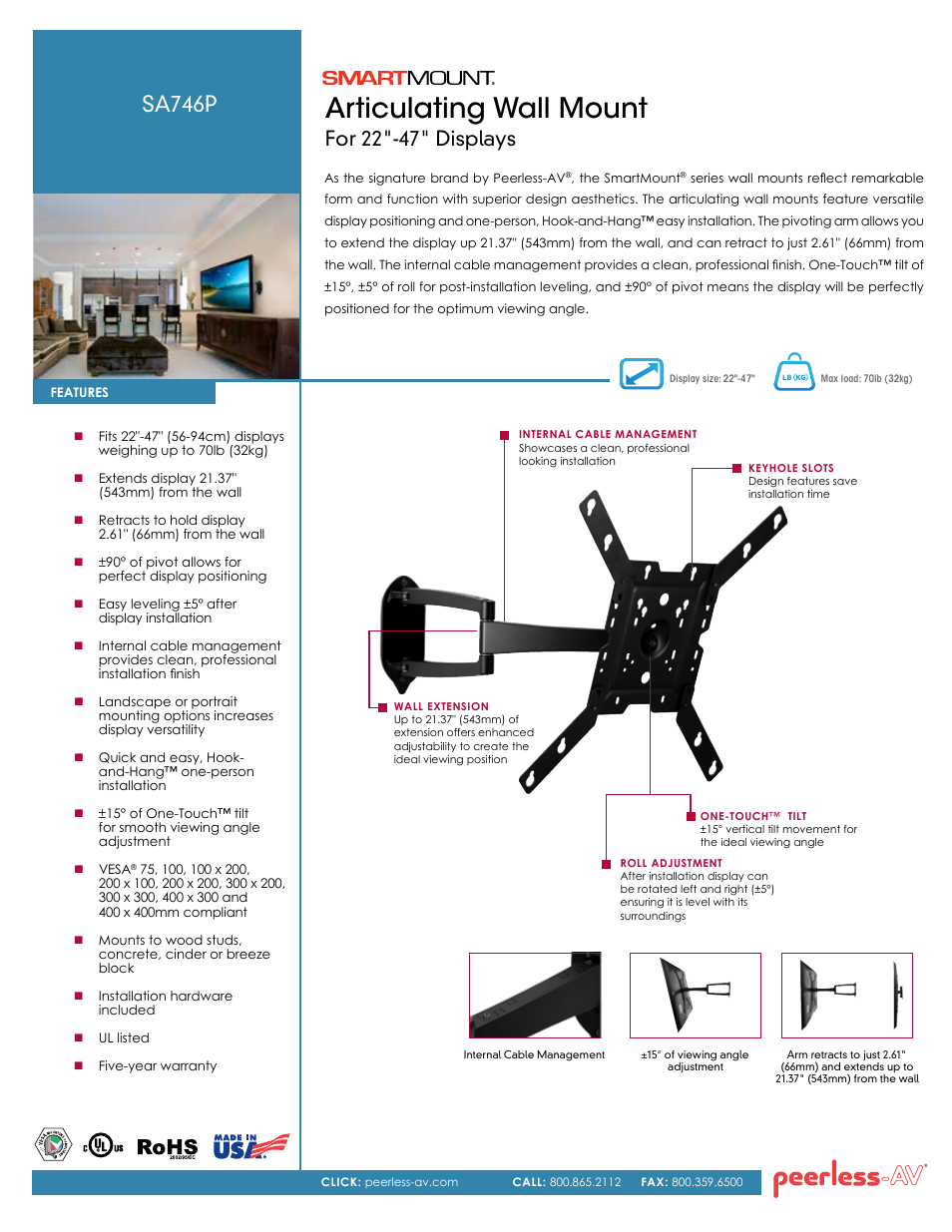 Peerless-AV SA746P  - Sell Sheet User Manual | 2 pages