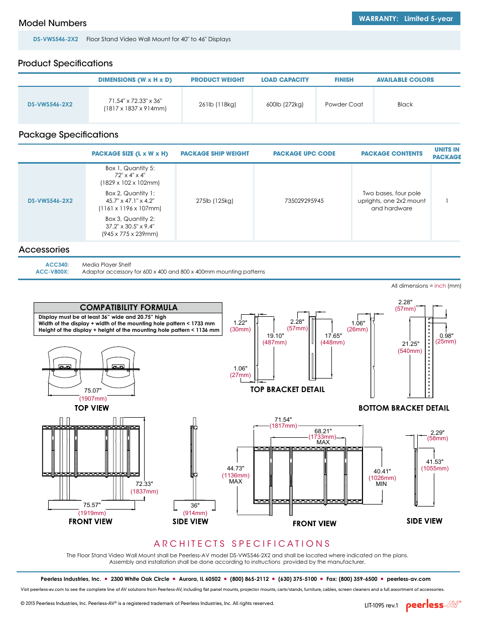 Product specifications model numbers, Package specifications, Accessories | Compatibility formula, Bottom bracket detail, Top bracket detail | Peerless-AV DS-VWS546-2X2  - Sell Sheet User Manual | Page 2 / 2