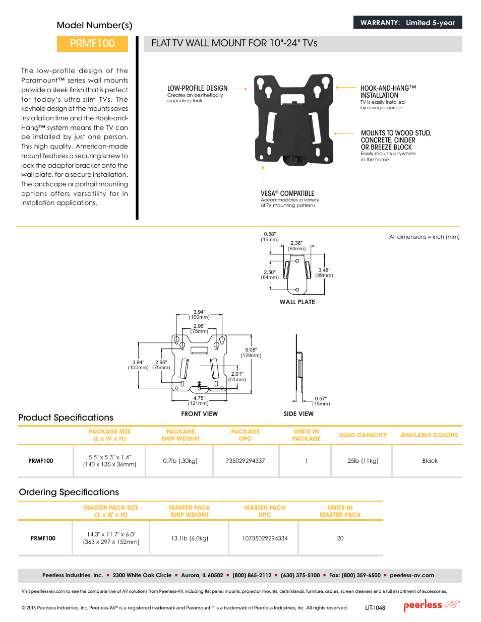 Prmf100, Flat tv wall mount for 10"-24" tvs, Model number(s) | Ordering specifications, Product specifications | Peerless-AV PRMF100  - Sell Sheet User Manual | Page 2 / 2