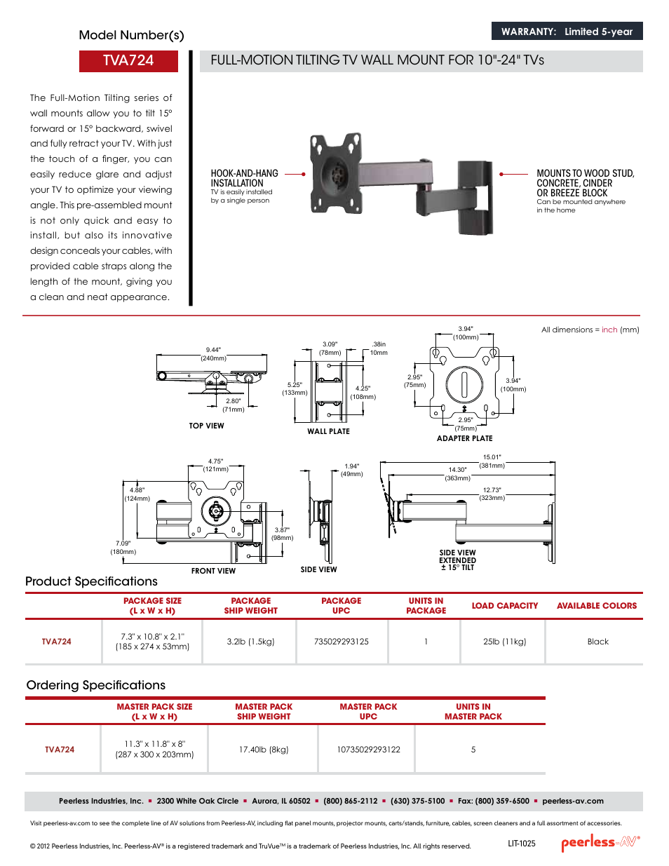 Tva724, Full-motion tilting tv wall mount for 10"-24" tvs, Model number(s) | Ordering specifications, Product specifications | Peerless-AV TVA724  - Sell Sheet User Manual | Page 2 / 2