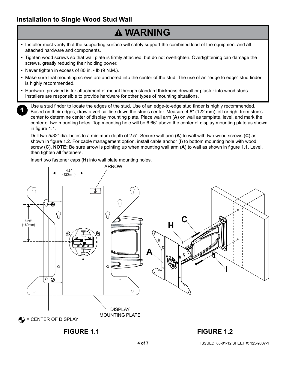 Warning, Ac h i, Installation to single wood stud wall | Figure 1.2 figure 1.1 | Peerless-AV SUA746H - Installation User Manual | Page 4 / 7