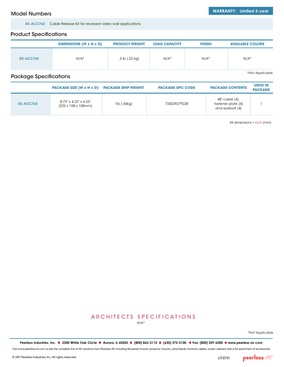 Product specifications model numbers, Package specifications | Peerless-AV DS-ACC765  - Sell Sheet User Manual | Page 2 / 2