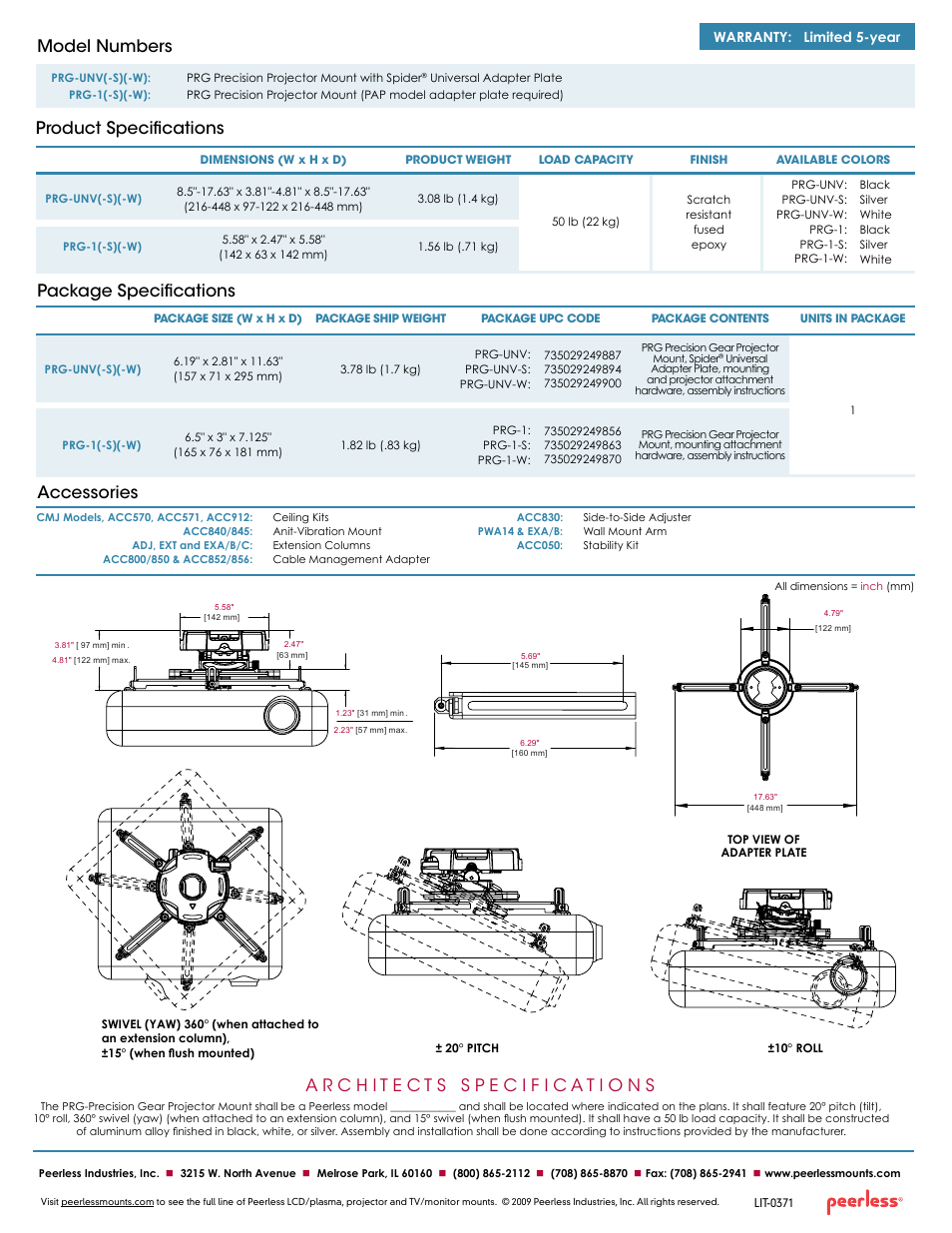 Package specifications accessories, Product specifications model numbers, Warranty: limited 5-year | Peerless-AV PRG-UNV-S  - Sell Sheet User Manual | Page 2 / 2