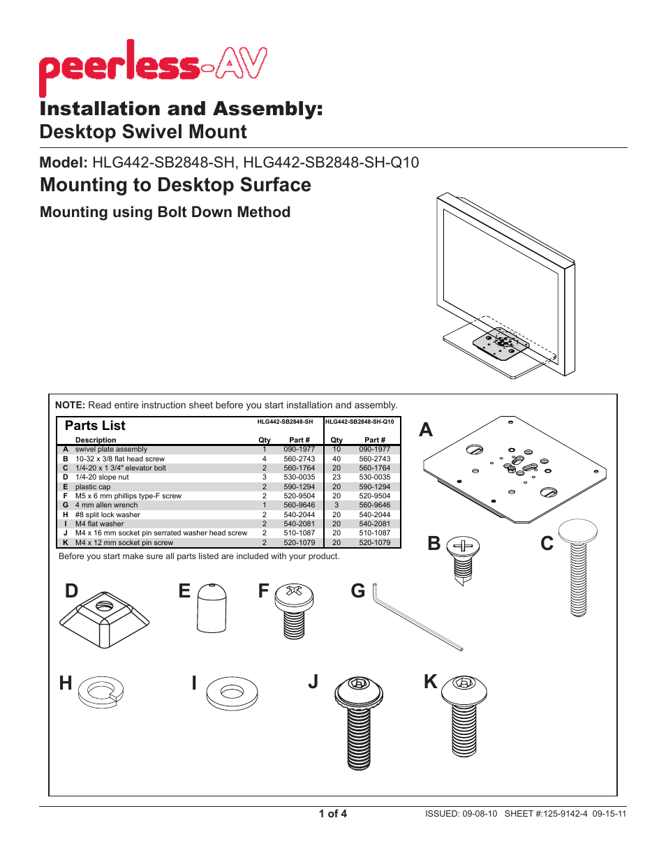 Peerless-AV HLG442-SB2848-SH-Q10 - Installation User Manual | 4 pages