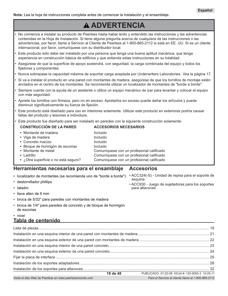 Advertencia, Herramientas necesarias para el ensamblaje, Tabla de centenido | Accesorios | Peerless-AV CM850-S - Installation User Manual | Page 18 / 48