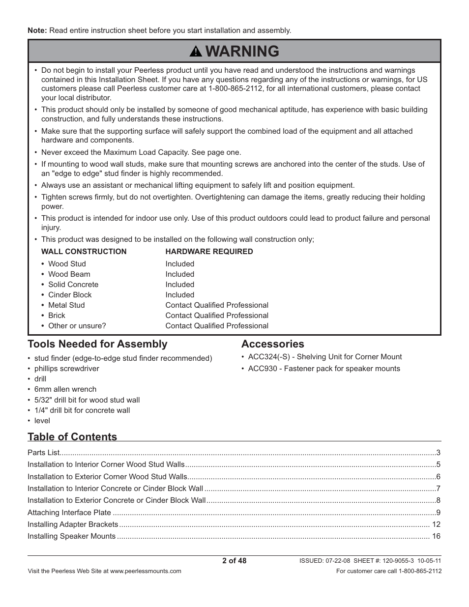 Peerless-AV CM850-S - Installation User Manual | Page 2 / 48