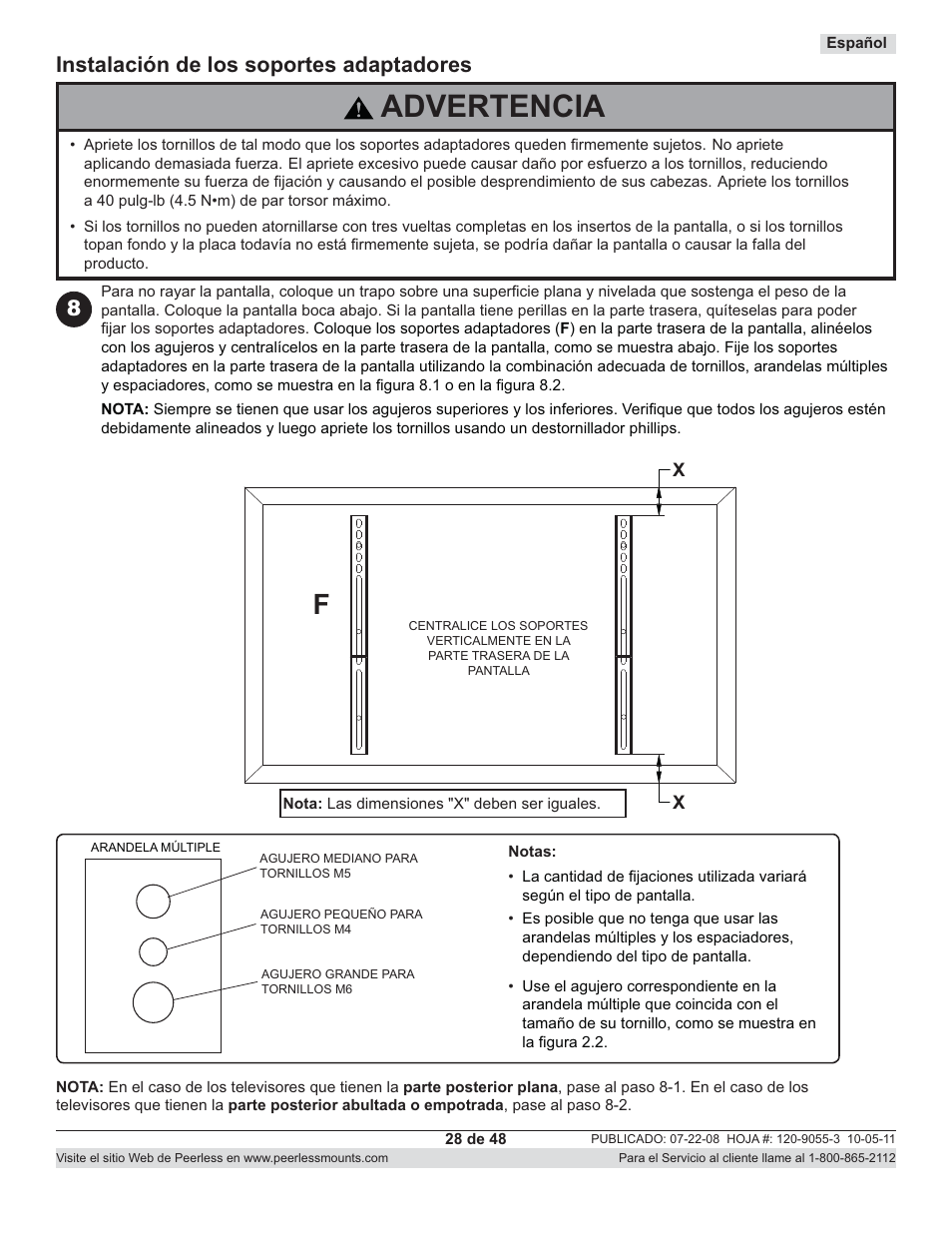Advertencia, Instalación de los soportes adaptadores | Peerless-AV CM850-S - Installation User Manual | Page 28 / 48