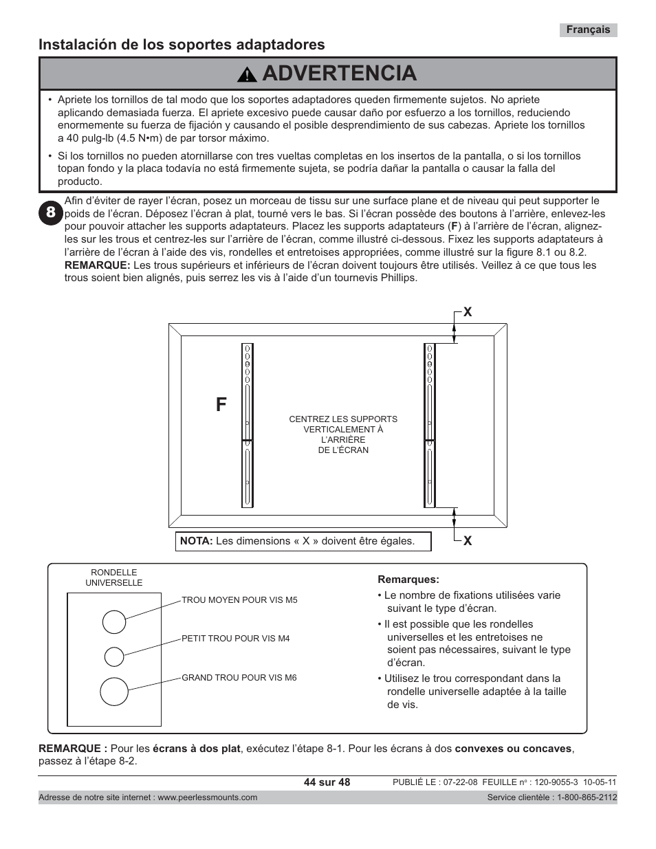 Advertencia, Instalación de los soportes adaptadores | Peerless-AV CM850-S - Installation User Manual | Page 44 / 48