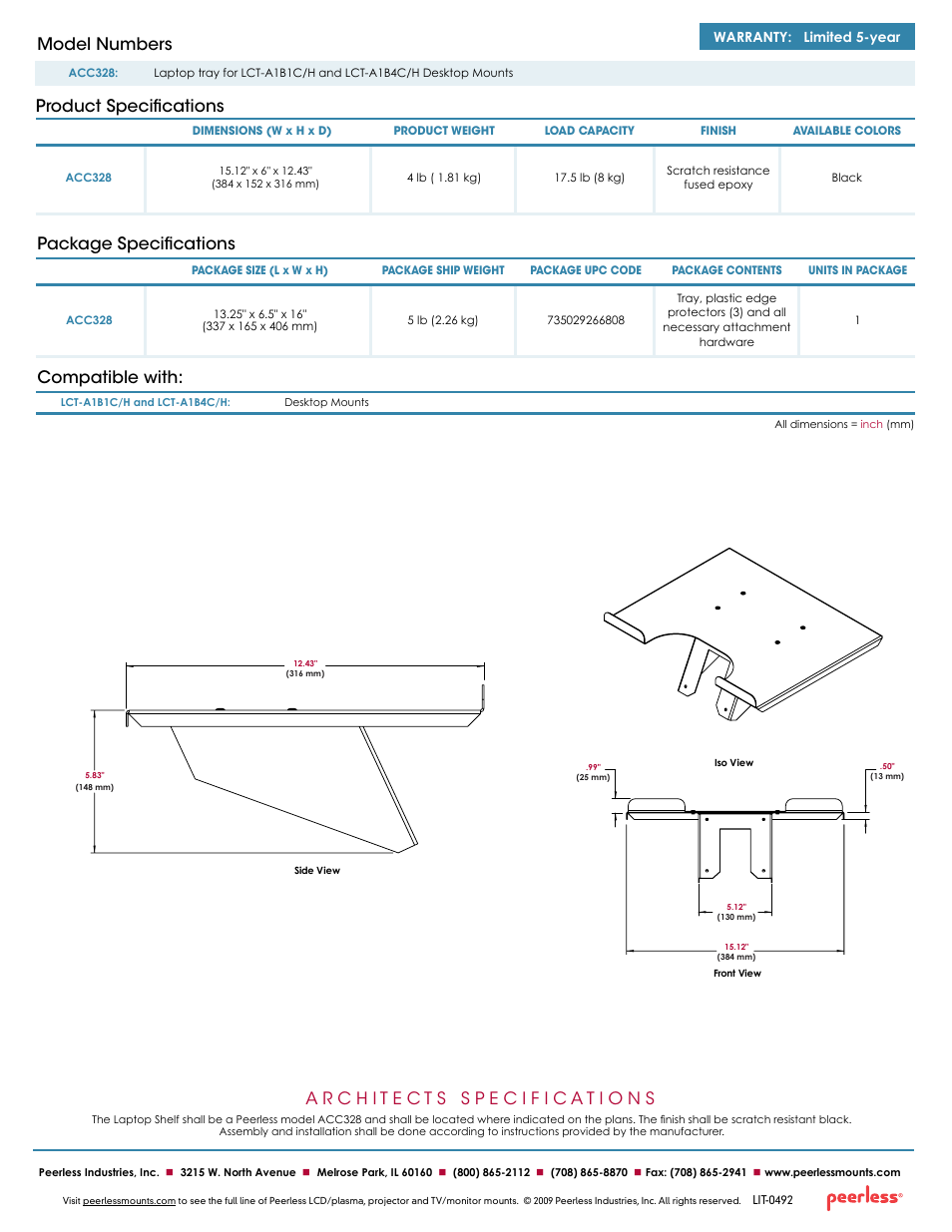 Package specifications compatible with, Product specifications model numbers, Warranty: limited 5-year | Peerless-AV ACC328  - Sell Sheet User Manual | Page 2 / 2