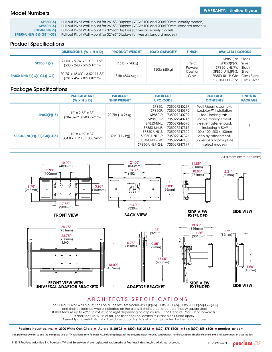 Package specifications, Product specifications model numbers | Peerless-AV SP850-UNL-S  - Sell Sheet User Manual | Page 2 / 2