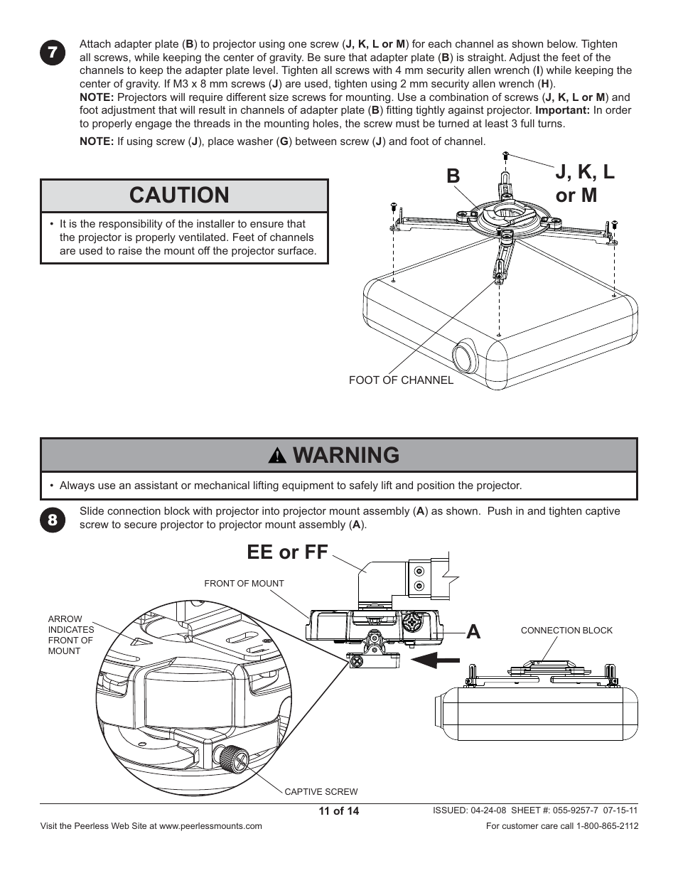 Caution, Warning, J, k, l or m | Ee or ff | Peerless-AV PRG-EXC-W - Installation User Manual | Page 11 / 14