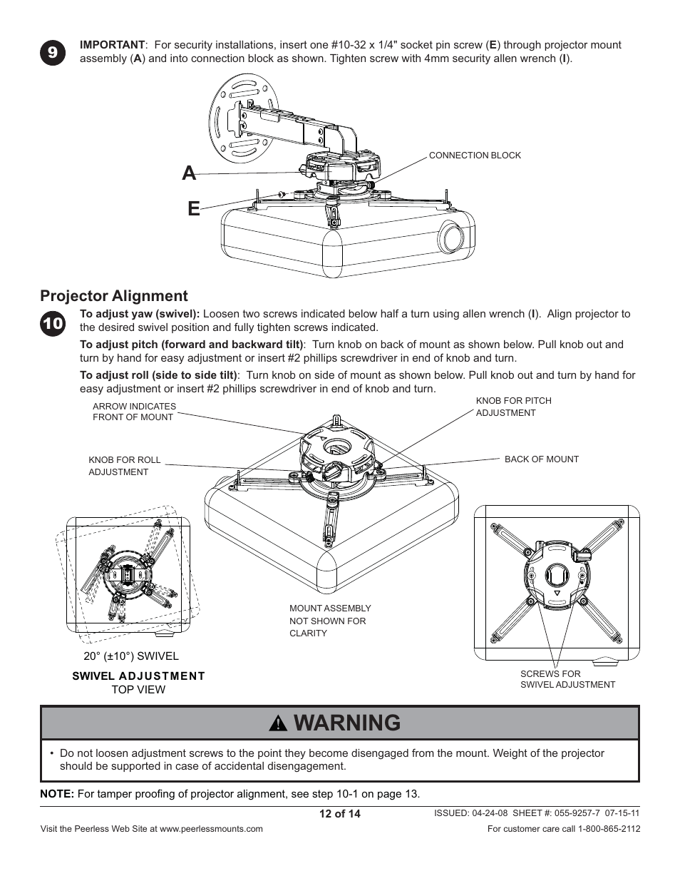 Warning, Projector alignment | Peerless-AV PRG-EXC-W - Installation User Manual | Page 12 / 14