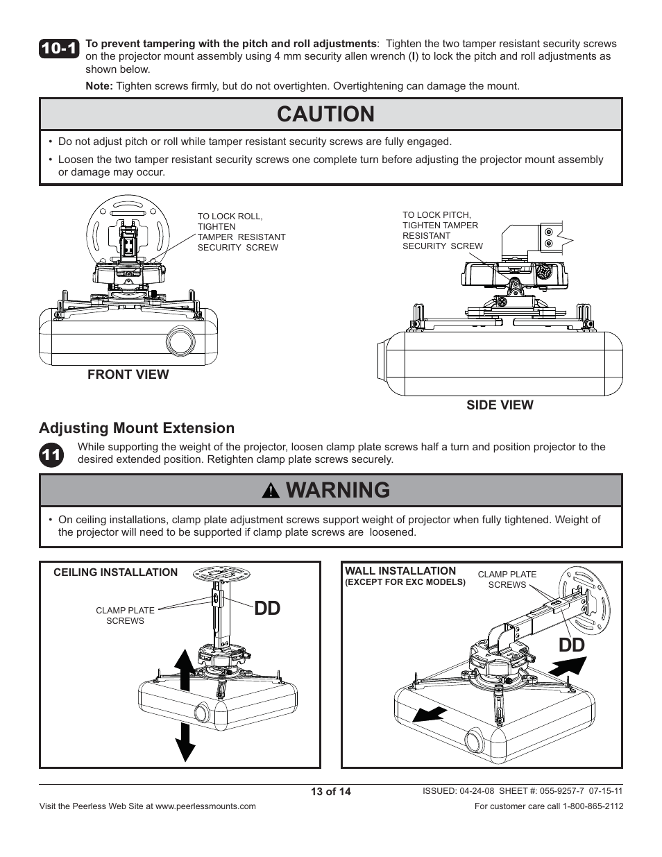 Caution, Warning, Adjusting mount extension | Peerless-AV PRG-EXC-W - Installation User Manual | Page 13 / 14