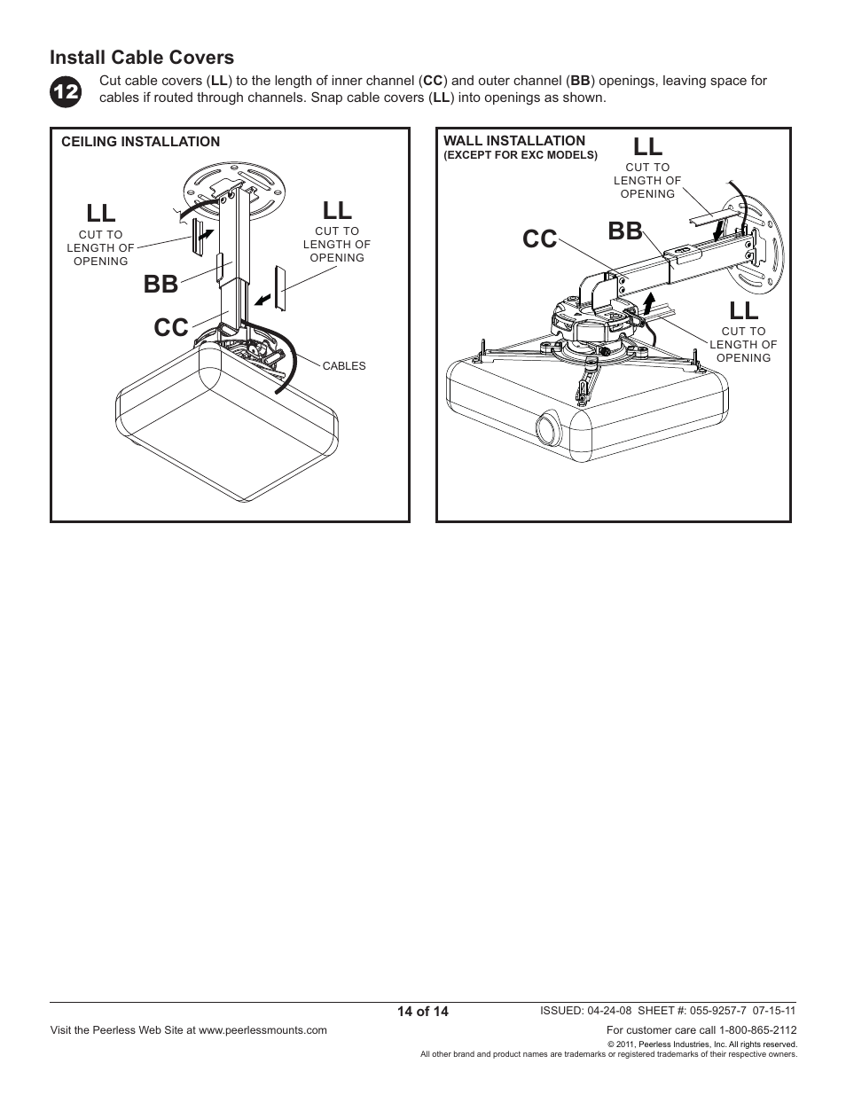 Ll bb cc bb cc, Install cable covers | Peerless-AV PRG-EXC-W - Installation User Manual | Page 14 / 14