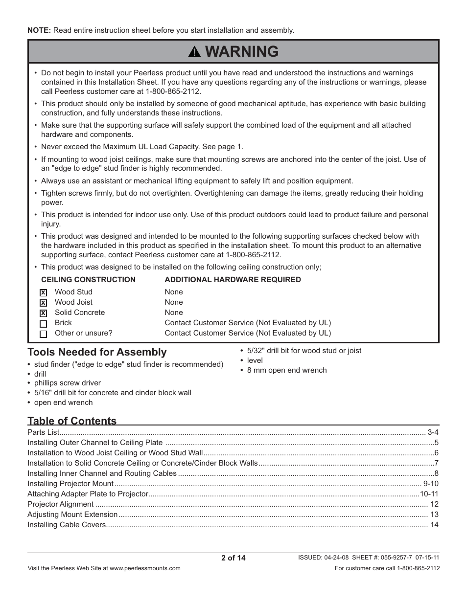 Peerless-AV PRG-EXC-W - Installation User Manual | Page 2 / 14