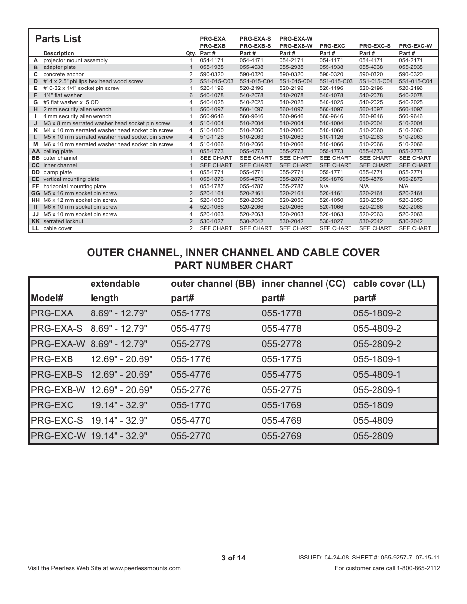 Parts list | Peerless-AV PRG-EXC-W - Installation User Manual | Page 3 / 14