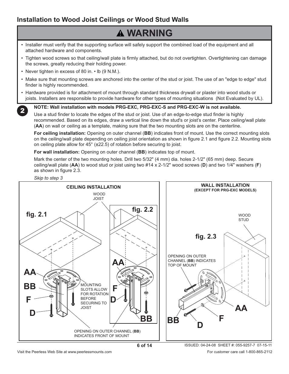 Warning, Aa d bb, Daa bb bb | Peerless-AV PRG-EXC-W - Installation User Manual | Page 6 / 14