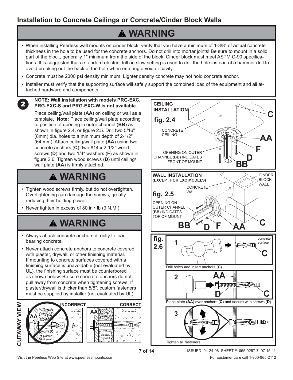 Warning, Cbb aa d d bb aa c, Aa d | Peerless-AV PRG-EXC-W - Installation User Manual | Page 7 / 14